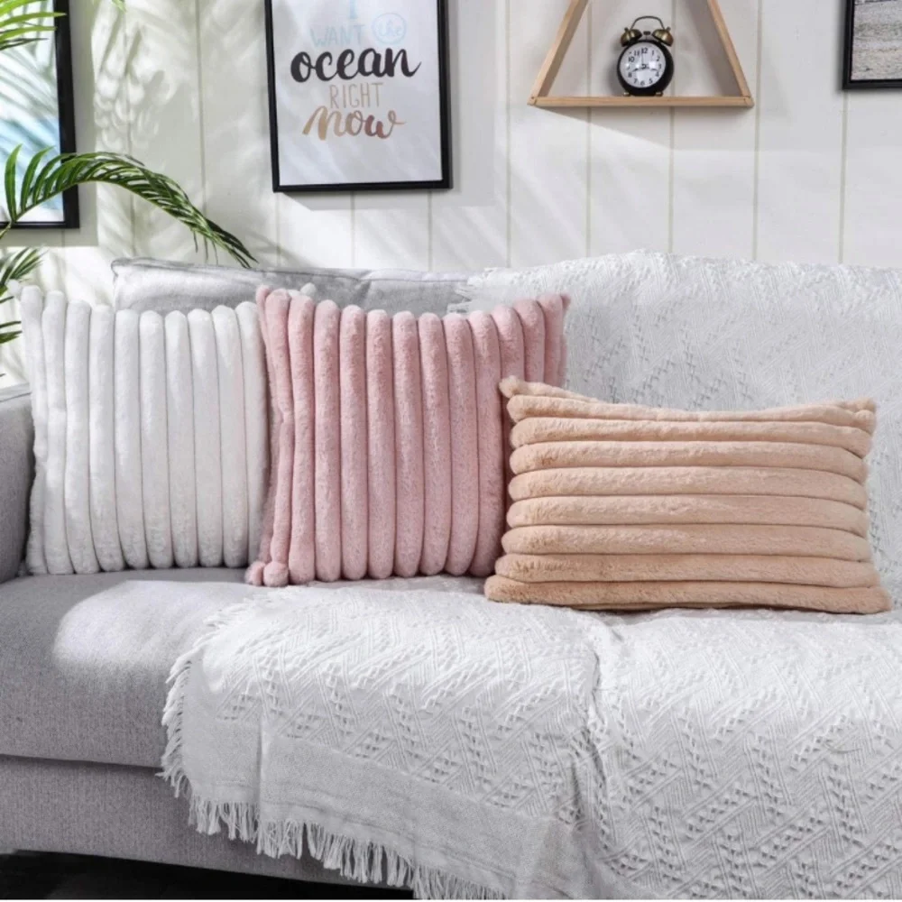 Luxury Home | Chic Blush Pink Cozy Plush Striped Lumbar Throw Pillow Covers